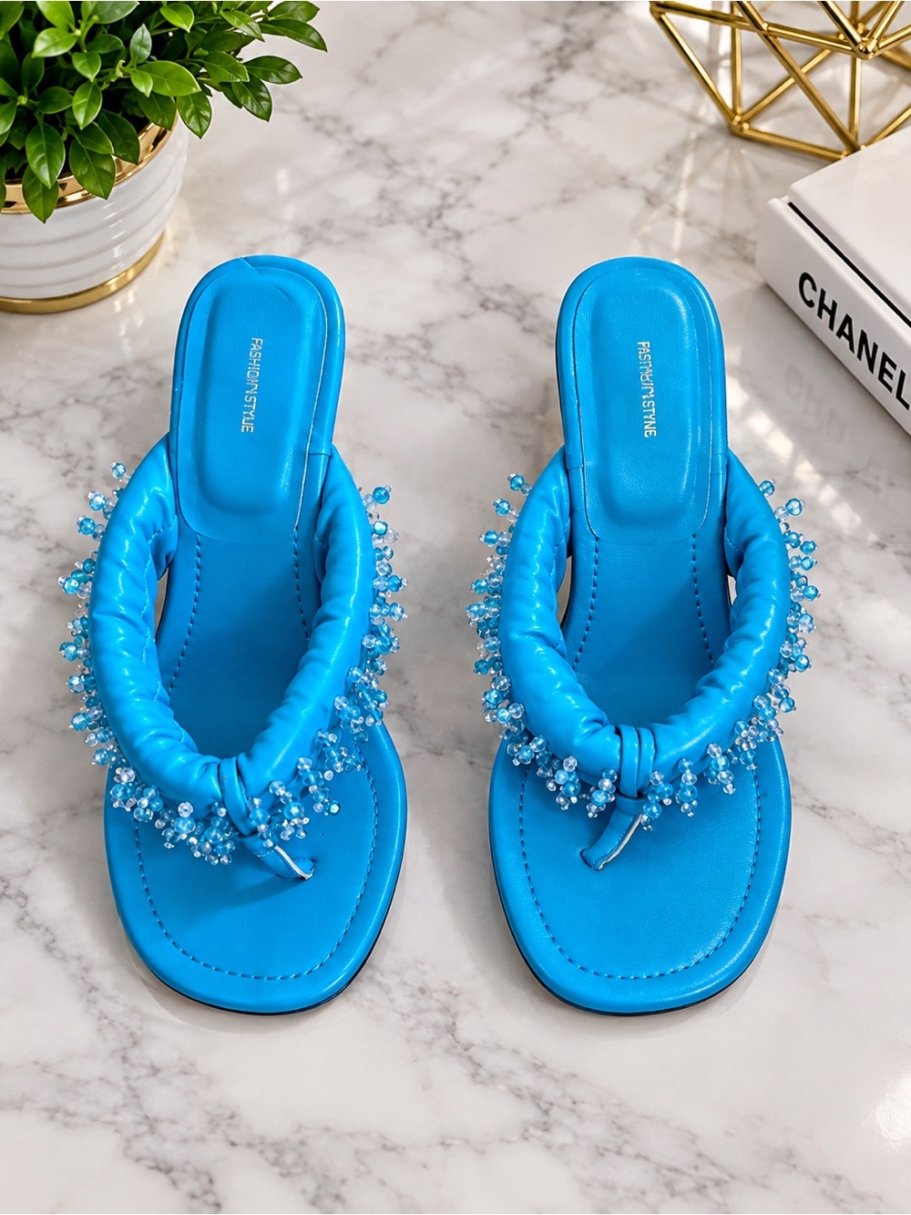 Blue Beaded Women’s Slide Sandals - Fashion Style
